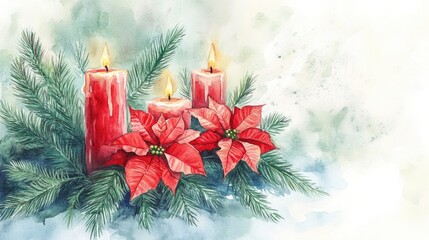 Wall Mural - Watercolor composition featuring fir and pine branches candles and poinsettia flowers perfect for a winter bouquet or holiday greeting card