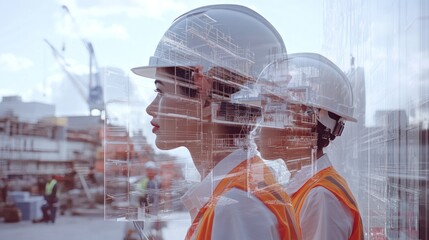 Wall Mural - two construction workers in helmets with a double exposure of a building site.