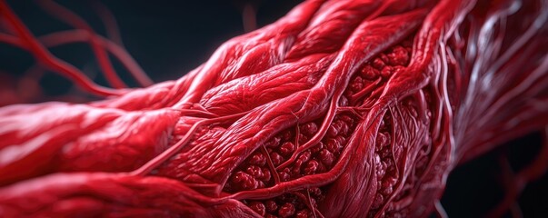 Poster - Detailed close-up view of muscular tissue, showcasing intricate red fibers and veins.