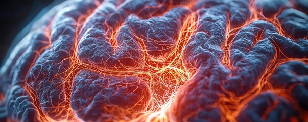 Poster - Detailed close-up of a brain with glowing neural pathways on a dark background.
