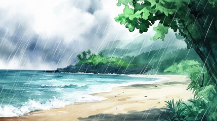 Wall Mural - watercolor illustration depicting a beach scene on a rainy day