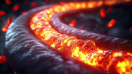 Poster - Lava flowing with glowing embers on a dark surface, dynamic natural formation.