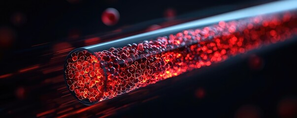 Poster - Red liquid flowing in a glass tube, isolated on a black background.
