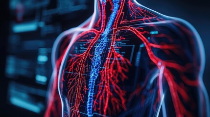 Aufkleber - An anatomical model showcasing the human circulatory system, on a dark background.