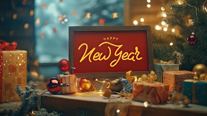 Wall Mural - Happy New Year Signboard with New Year Eve Decoration Concept