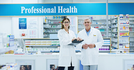 Poster - Clipboard, collaboration and portrait of people in pharmacy together for healthcare or medicine. Documents, insurance or medical with smile of man and woman pharmacist on dispensary for consulting