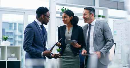 Poster - Conversation, planning and business people in office, finance and coworking to review budget. Employees, staff and accounting firm with cooperation, coaching and mentor with feedback and teamwork
