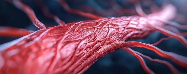 Poster - Close-up of a red blood vessel, detailed view, on a dark background.