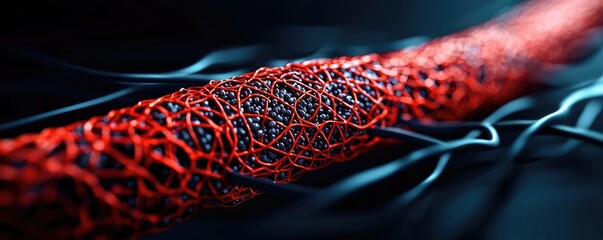 Poster - Close-up of a red fiber against a dark background, showcasing intricate textures.