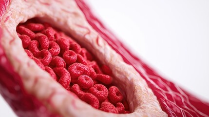 Poster - Close-up view of cellular structures in a red vascular environment, white isolate background.