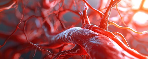 Poster - Detailed red blood vessels on a blurred background, showcasing biological structure.
