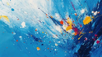 Poster - Abstract blue canvas artwork featuring vibrant splatters and dynamic oil paint strokes