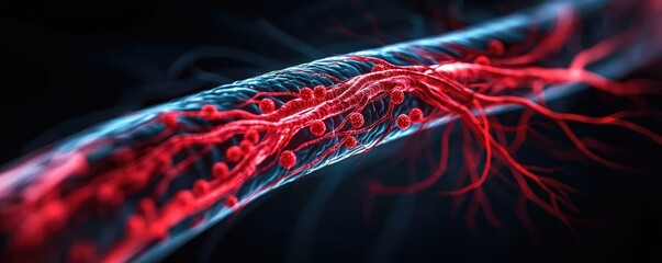 Poster - Close-up view of red blood vessels on a dark background