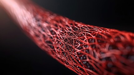 Poster - Macro shot of intricate red fibers on a dark background, abstract representation.
