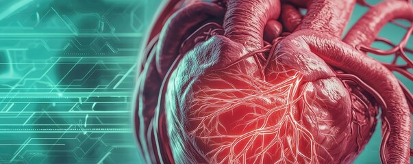 Poster - Digital illustration of a human heart with a futuristic background.