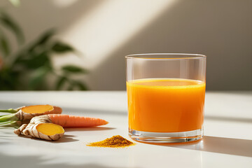 Wall Mural - Refreshing Carrot, Ginger, and Turmeric Juice on White Countertop with Fresh Ingredients

