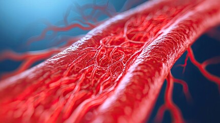 Poster - Close-up view of red blood vessels on a blurred background.
