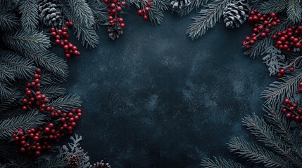 Poster - Festive background featuring winter berries and fir branches styled in dark tones Includes copy space and top down perspective