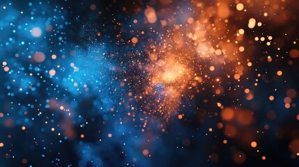 Poster - Dynamic dispersion effect background featuring textured blue and orange splashing particles symbolizing transformation creativity and knowledge