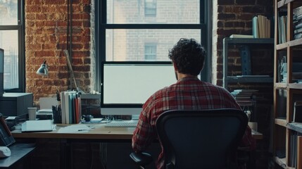 Poster - A person working at a desk with a computer in a cozy, brick-walled office space.