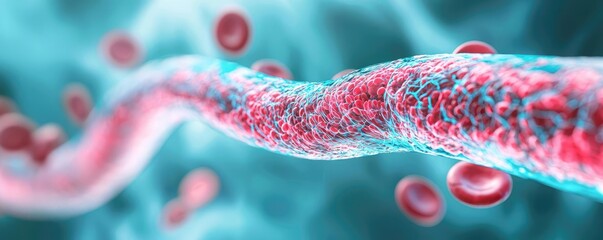 Poster - Microscopic view of blood flow through a vein with red blood cells, colorful isolate background.