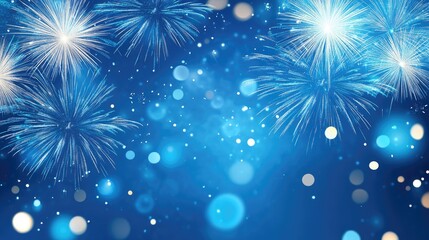 Wall Mural - Blurred blue fireworks and sparkles in an abstract holiday background with ample space for text