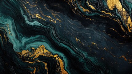 Poster - Fluid art featuring a black marble backdrop complemented by dark green and golden wave patterns Abstract texture design