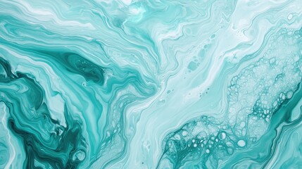 Poster - Mint turquoise waves blend seamlessly in this abstract acrylic fluid art piece creating a captivating marble background and texture
