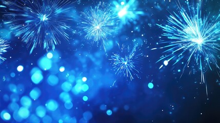 Poster - Blurred blue fireworks and sparkles in an abstract holiday background with ample space for text