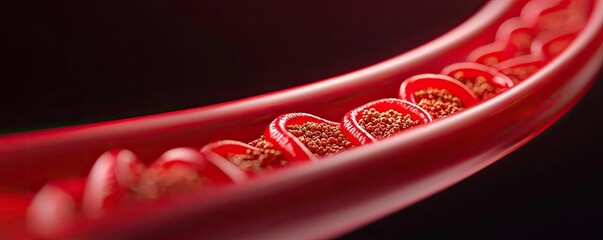 Poster - Close-up of red blood cells flowing in a vein, dark background.