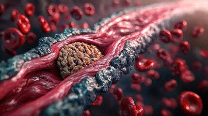 Poster - Detailed illustration of blood vessel with red blood cells and a clot.
