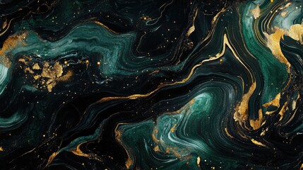 Poster - Fluid art featuring a black marble backdrop complemented by dark green and golden wave patterns Abstract texture design