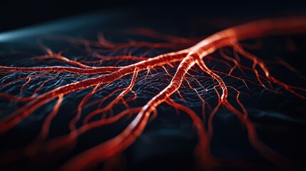 Poster - Intricate red network resembling biological veins on a dark background.