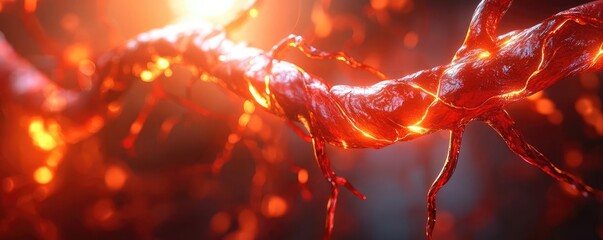 Poster - Glowing red organic material with intricate details, abstract design.
