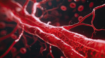 Poster - Close-up view of red blood vessels and cells with a dark background.