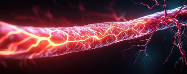 Poster - Close-up view of glowing blood vessel with intricate details against a dark background.