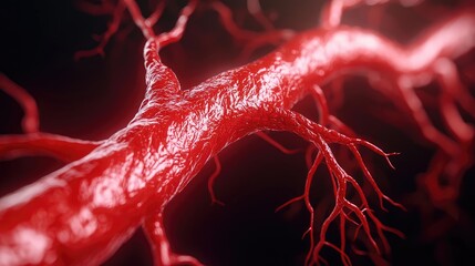 Poster - Close-up of a detailed red blood vessel against a black background.