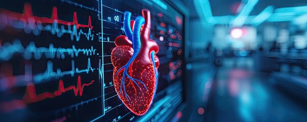 Poster - 3D heart model with ECG waveform, digital health concept, blue neon background.