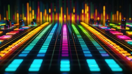 Poster - A vibrant digital audio mixer display with colorful sound wave indicators.