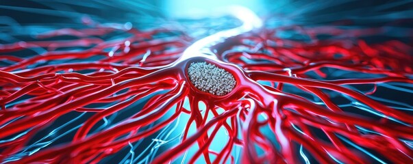 Poster - 3D rendering of red blood cells and vessels on a blue glowing background.