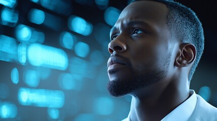 Poster - Thoughtful African American Man in Front of Abstract Digital Background Possessing Bright Light and Data Patterns Reflecting Technology and Innovation Themes
