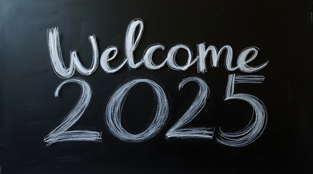 Welcome 2025, text on blackboard. New year, new beginning.