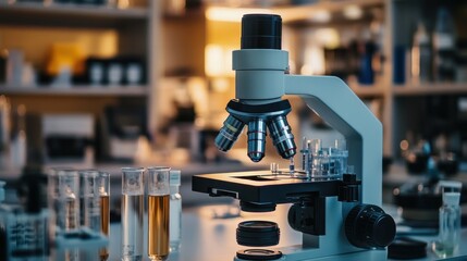Poster - A laboratory scene featuring a microscope surrounded by test tubes and scientific equipment.