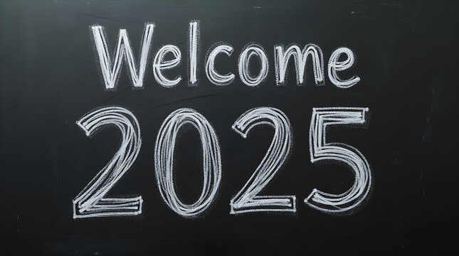 Welcome 2025, text on blackboard. New year, new beginning.