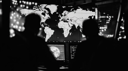 Poster - Silhouettes of individuals observing a world map on a large screen in a dark environment.