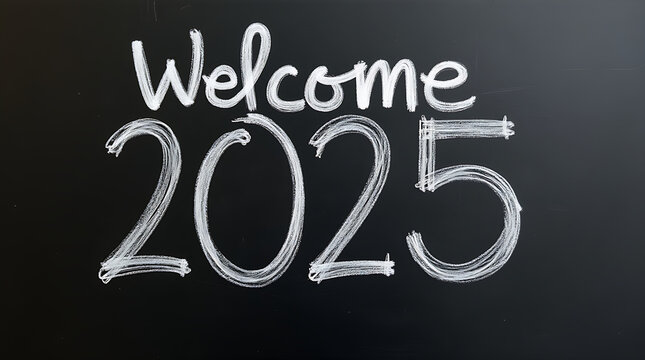 Welcome 2025, text on blackboard. New year, new beginning.