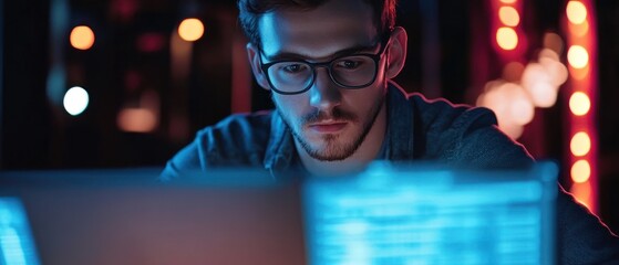 Poster - A focused individual working on a laptop in a dimly lit environment.