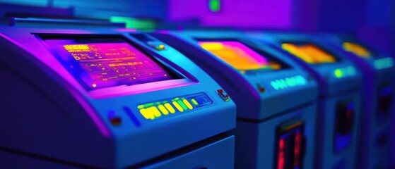 Poster - A close-up view of colorful, illuminated control panels on industrial machines.