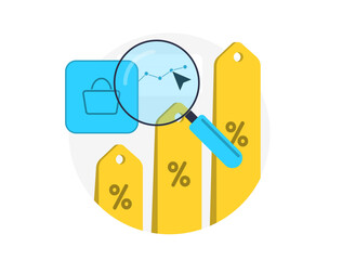 Poster - shopping insights for e-commerce, analyzing discount, pricing trends. magnifying glass over price ta