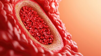 Poster - Close-up of blood vessel with red blood cells, detailed structure, soft focus background.
